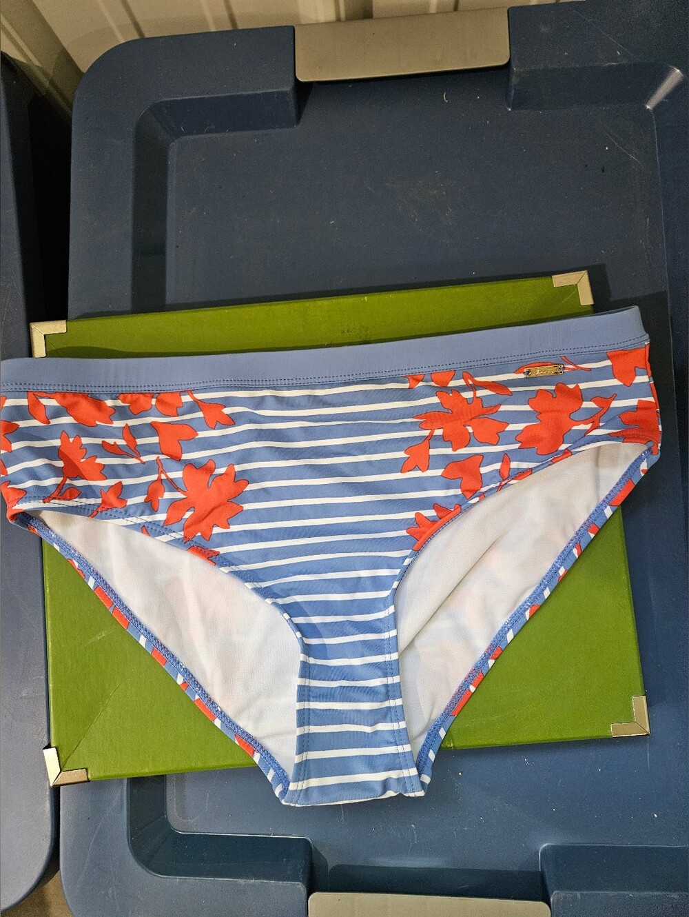 Joules Blue & White Striped Bikini Bottom with Peachy Red Floral Accents
